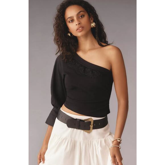 By Anthropologie One-Shoulder Puff-Sleeve Lace Trim Top in Black Size M NWT $78 - Picture 1 of 6